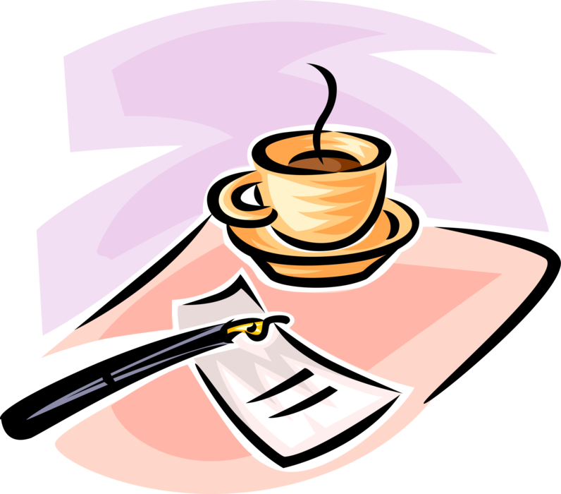 Vector Illustration of Cup of Coffee, Fountain Pen and Check or Bill for Signature