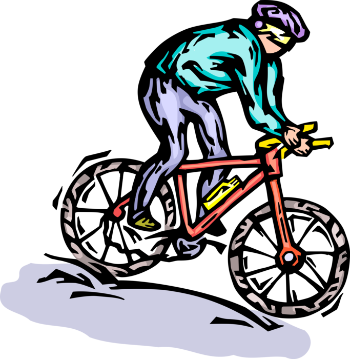 Vector Illustration of Mountain Biker Cyclist Riding Hard on Bicycle Navigates Steep Mountain Terrain