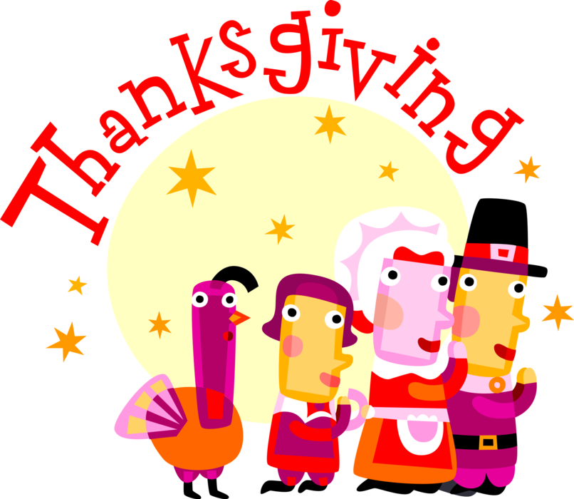 Vector Illustration of Pioneer Pilgrim Family Celebrate Thanksgiving with Turkey