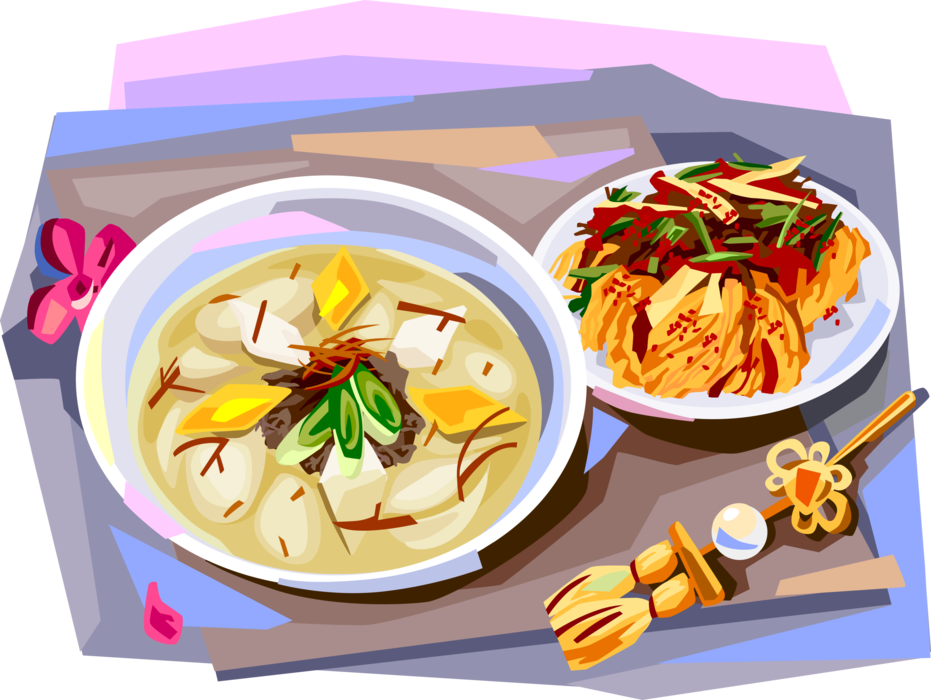 Vector Illustration of Korean Cuisine Rice-Cake Soup and Kimchi