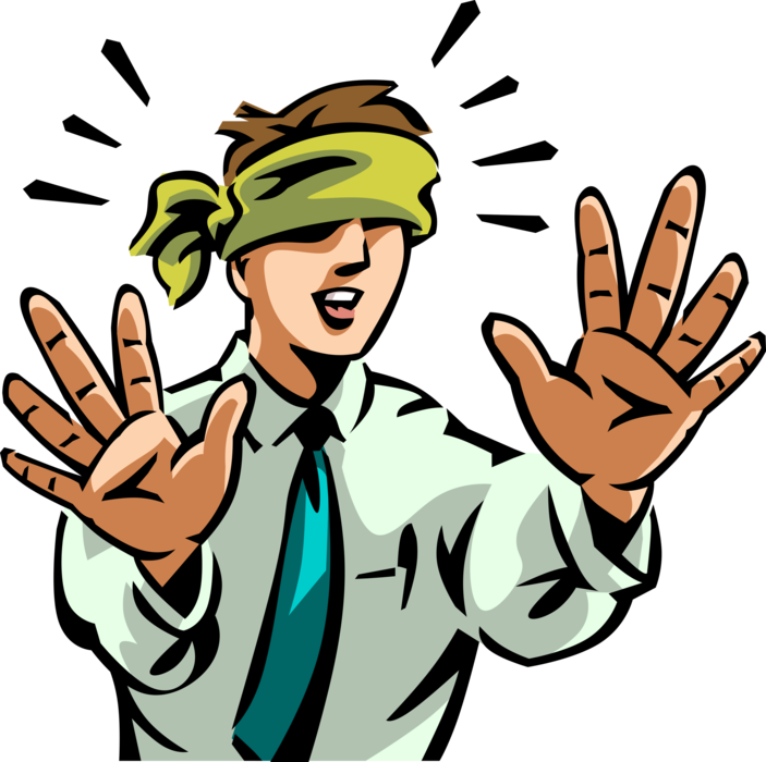 Vector Illustration of Businessman in Blindfold Unsure of How to Proceed with Hands Raised
