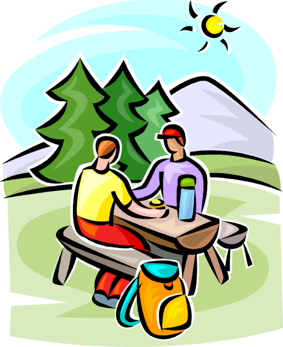 Vector Illustration of Couple Enjoy Outdoor Picnic Meal at Picnic Table in Outdoor Wilderness