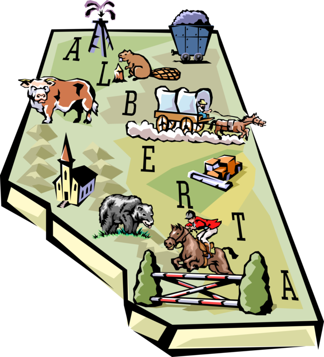 Vector Illustration of Province of Alberta Vignette Map with Tourism Infographic Icons, Canada