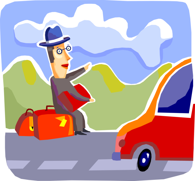 Vector Illustration of Businessman Journeyman Salesman Hitchhiker Thumbs Ride with Travel Luggage to Next Destination