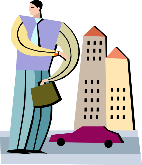 Vector Illustration of Businessman with City Office Tower Buildings and Automobile Motor Vehicle Car