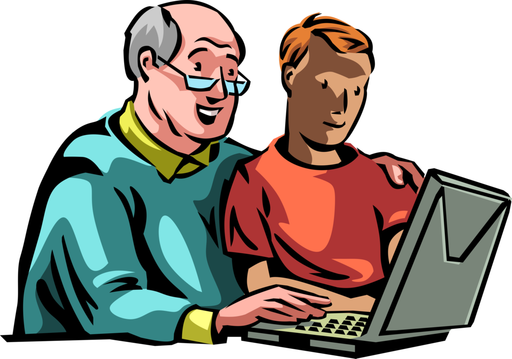 Vector Illustration of Grandfather Shows Grandson Favorite Online Internet Dating Sites