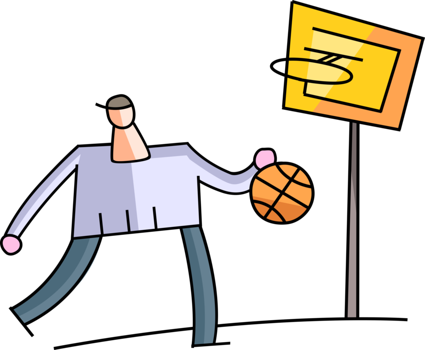 Vector Illustration of Sport of Basketball Game Player Dribbles Ball on Court with Hoop Net