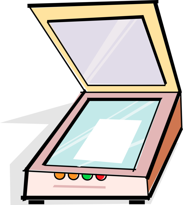 Vector Illustration of Office Flatbed Scanner Scans Documents