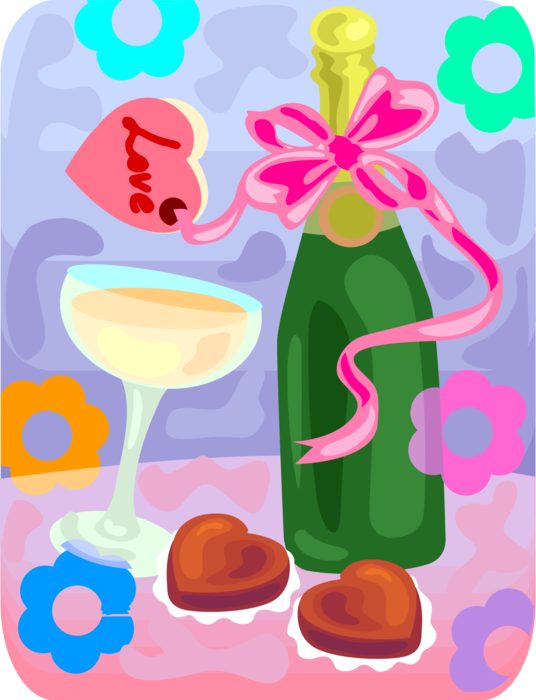Vector Illustration of Valentine's Day Bottle of Champagne with Glass and Chocolate Candies Expression of Love