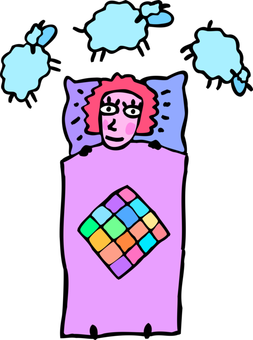 Vector Illustration of Adolescent Girl in Bed Falls Asleep Counting Sheep