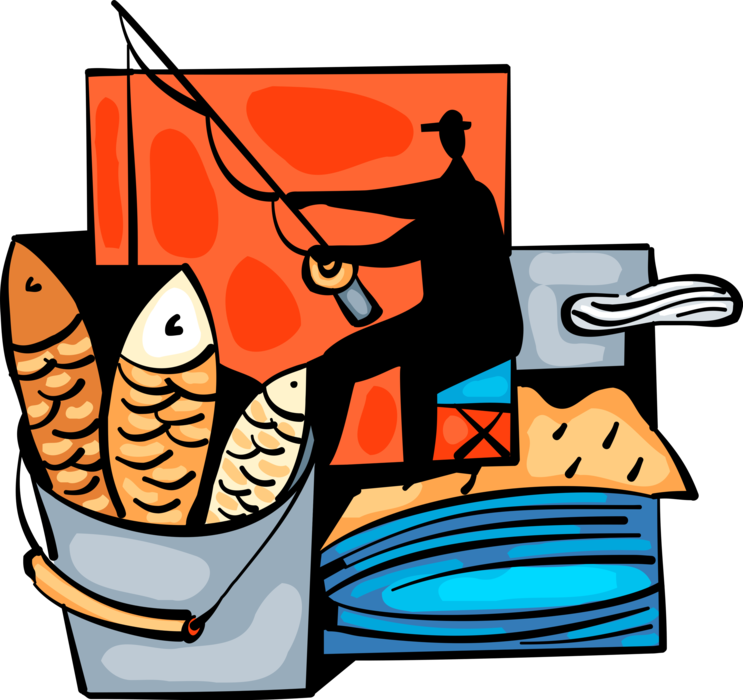 Vector Illustration of Sport Fisherman Angler Catches Fish in Pail Bucket with Fishing Rod