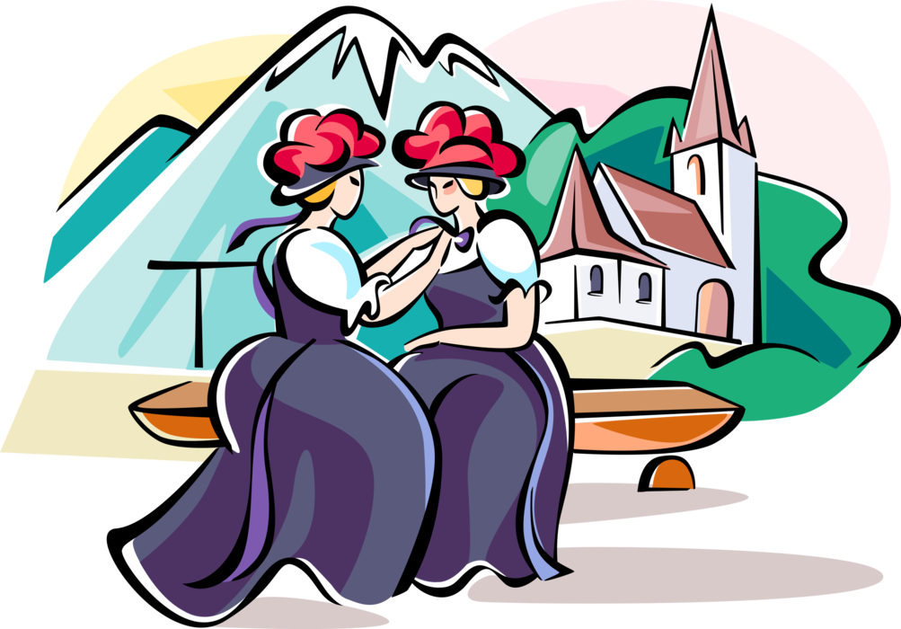 Vector Illustration of Women in Traditional Costumes with Alpine Mountains and Church