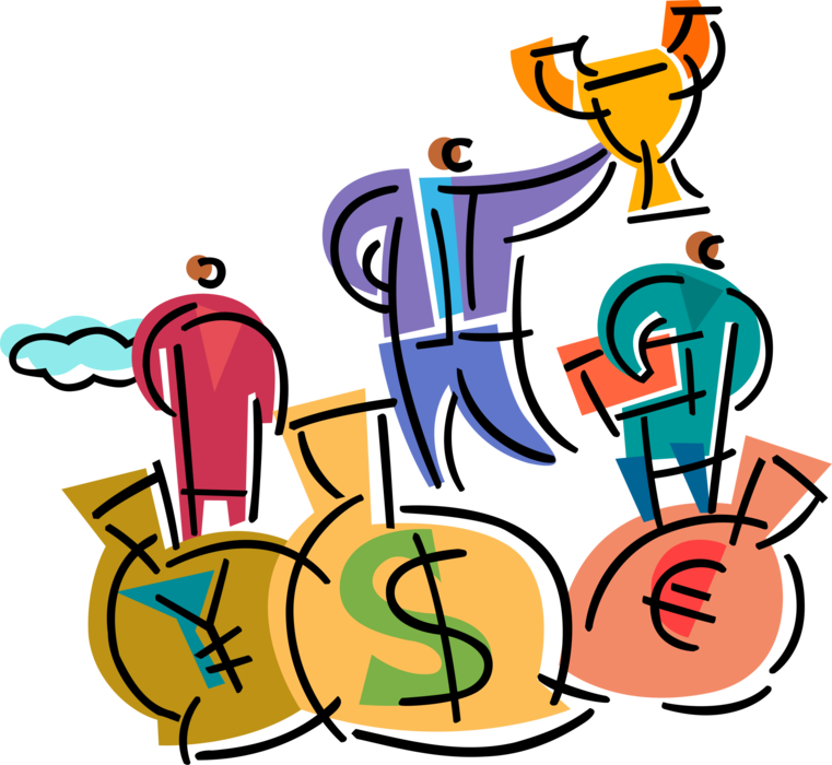 Vector Illustration of Demonstrating Financial Acuity and Dollar Superiority in Currency Markets with Money Bags and Trophy Winner