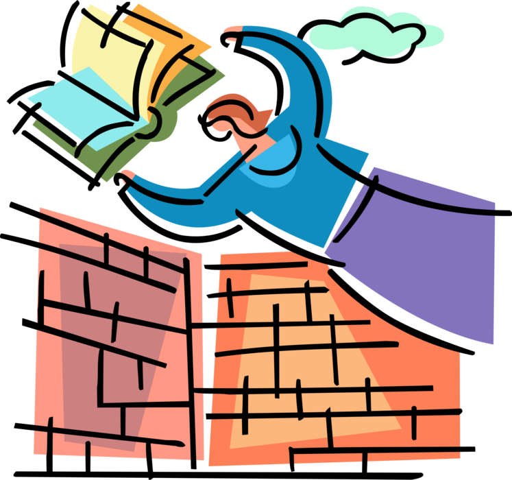 Vector Illustration of Using Educational Knowledge and Experience to Overcome Obstacle Barriers with Book and Brick Wall