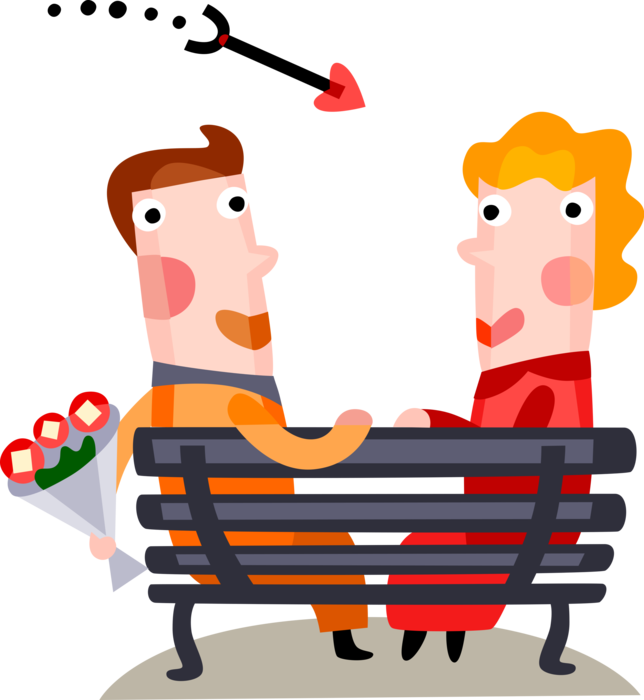 Vector Illustration of Romantic Couple Sit on Park Bench Struck by Cupid's Arrow with Flower Bouquet