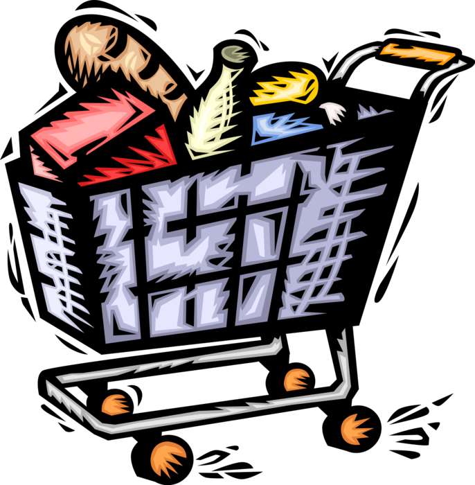 Vector Illustration of Supermarket Grocery Store Cart Full of Food Groceries