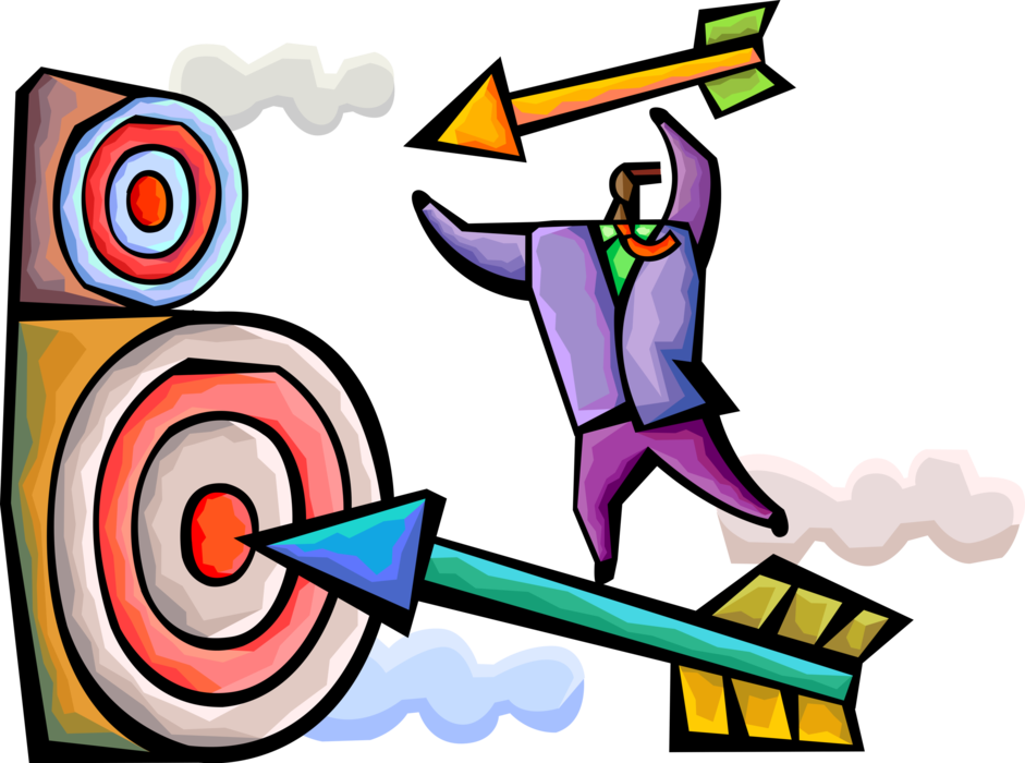 Vector Illustration of Businessman Launches Aggressive Marketing Plan Attack with Arrows Hitting Target Bullseye or Bull's-Eye