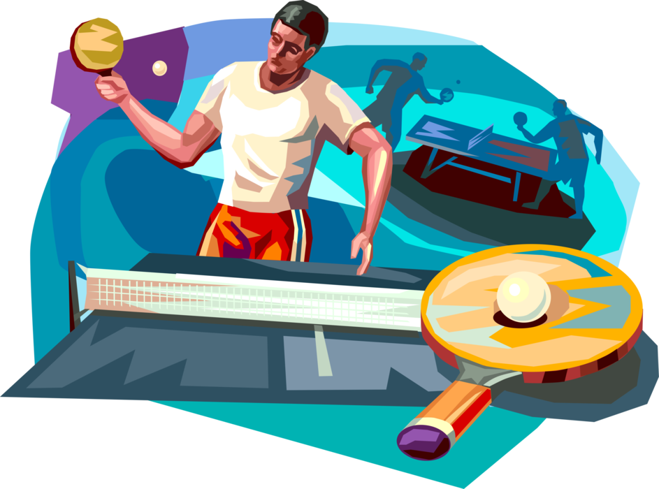 Vector Illustration of Game of Table Tennis Ping Pong Player Returns Serve During Game with Racket Paddle