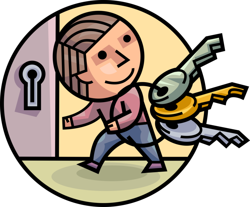 Vector Illustration of Man with Security Keys on Keychain to Unlock Locks