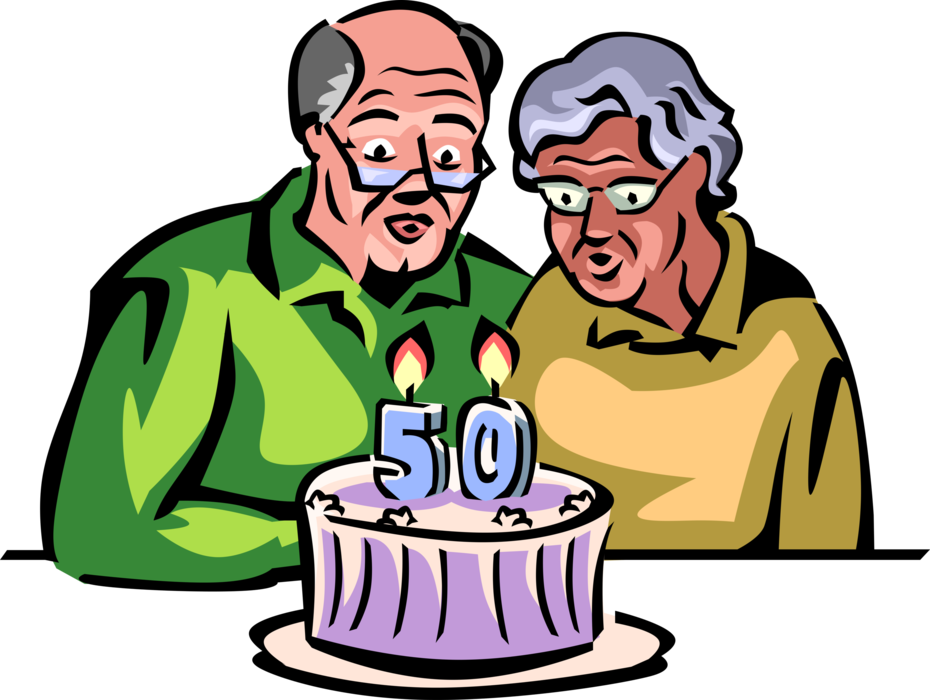 Vector Illustration of Married Husband and Wife Couple Celebrate Fiftieth 50th Wedding Anniversary with Cake and Candle