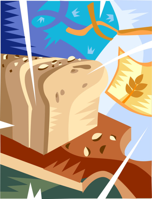 Vector Illustration of Staple Food Baked Bread Prepared from Flour and Water Dough with Wheat Sheaf on Cutting Board