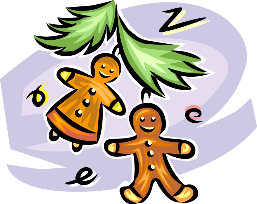 Vector Illustration of Holiday Season Christmas Baking Gingerbread Man Cookies with Evergreen Branch Boughs