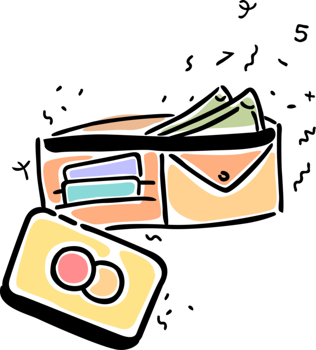 Vector Illustration of Wallet, Pocketbook or Billfold Carries Personal Items of Cash, Credit Cards, Identification Documents