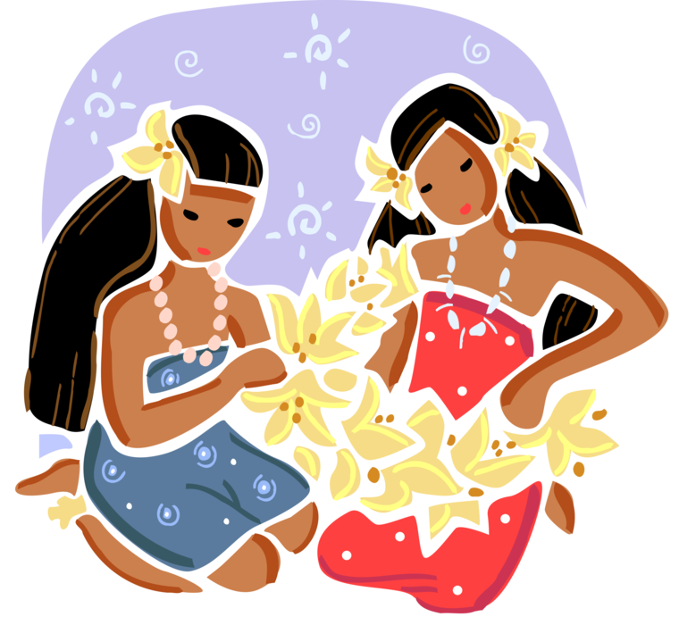 Vector Illustration of Native Polynesian or Hawaiian Women Create Flower Lei Garlands