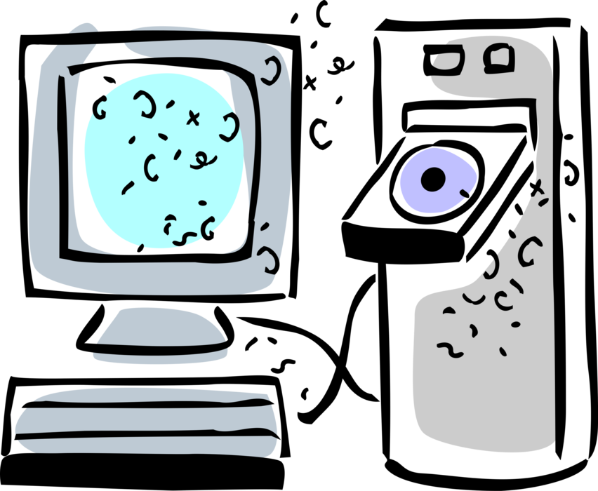 Vector Illustration of Personal Desktop Computer Tower Central Processing Unit with DVD Drive and Monitor