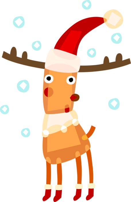 Vector Illustration of Festive Season Christmas Reindeer Wearing Santa Claus Hat with Snowflakes
