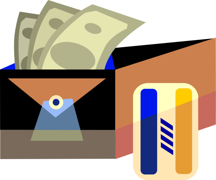 Vector Illustration of Wallet, Pocketbook or Billfold Carries Personal Items of Cash, Credit Cards, Identification Documents