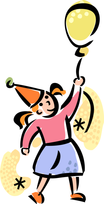 Vector Illustration of Birthday Girl Celebrates at Party with Birthday Balloon
