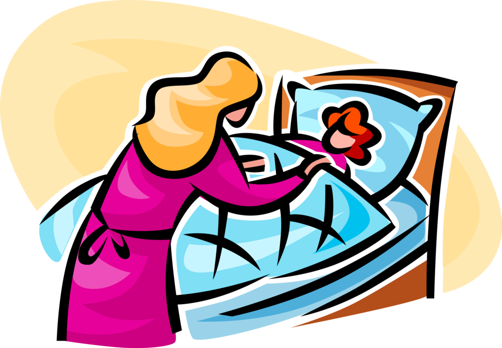 Vector Illustration of Mother Tucks Daughter Into Bed for Night Sleep