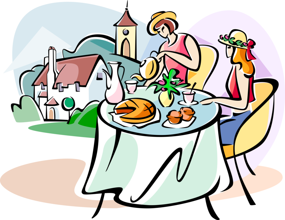 Vector Illustration of English Women Having Breakfast, Great Britain, United Kingdom