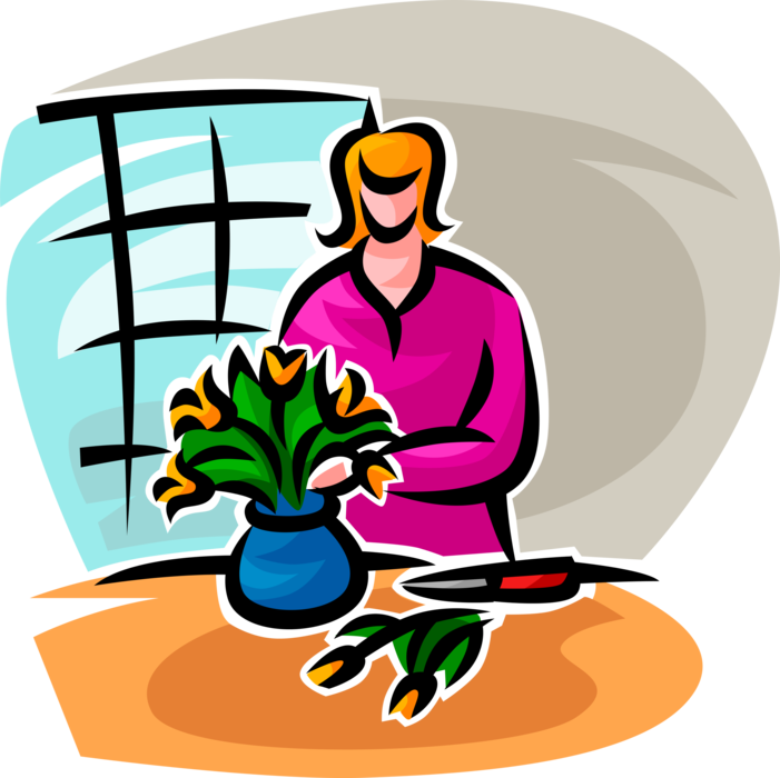 Vector Illustration of Florist Assembles Flower Arrangement in Vase