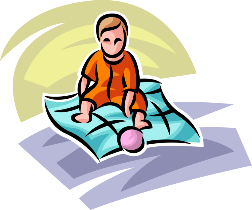 Vector Illustration of Newborn Infant Baby Plays with Ball on Blanket