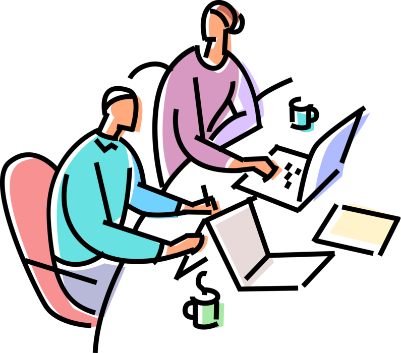 Vector Illustration of Office Colleagues Work in Team and Collaborate on Business Documents at Desk