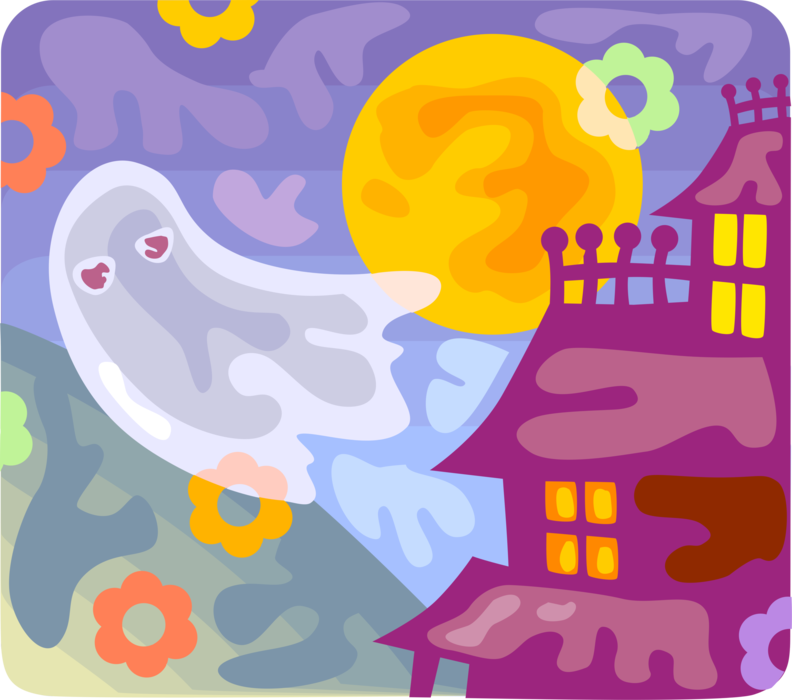 Vector Illustration of Halloween Goblin Ghost Phantom, Apparition, Spirit, Spook and Haunted House