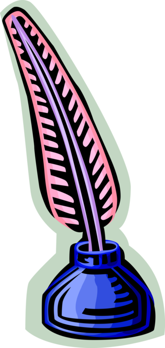 Vector Illustration of Ink Bottle with Feather Quill Pen Writing Instrument