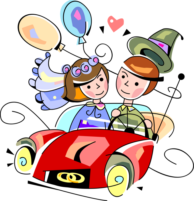 Vector Illustration of Just Married Husband and Wife Leave Wedding Ceremony for Honeymoon Vacation Travel in Automobile Car