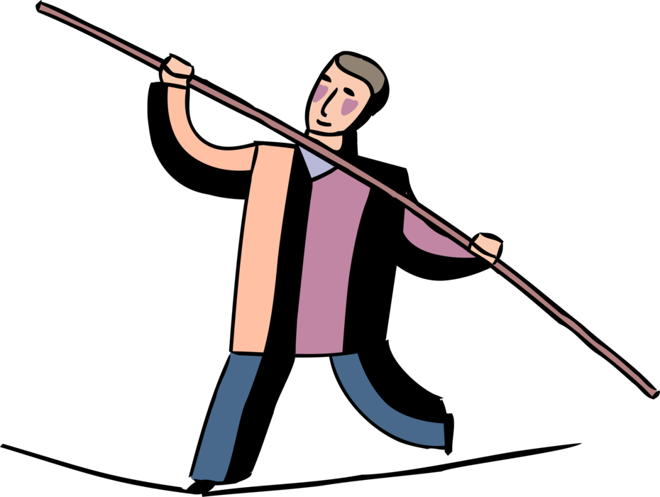 Vector Illustration of Businessman Balances with Pole on Tightrope Highwire