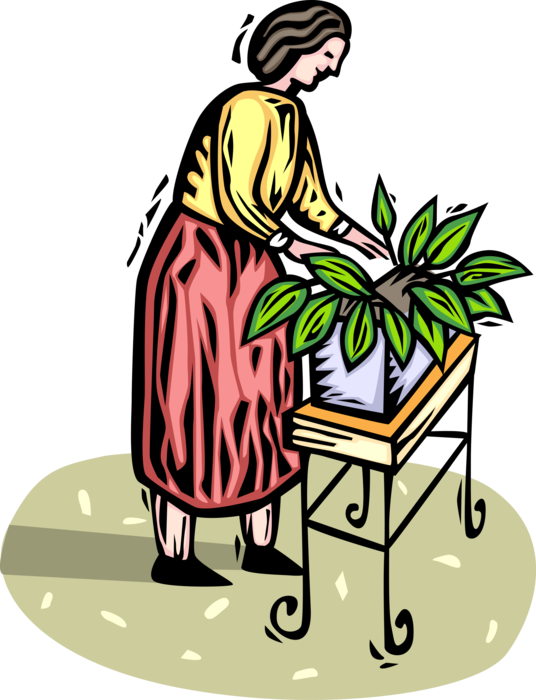 Vector Illustration of Flower Enthusiast Tends to Potted Houseplant Plants