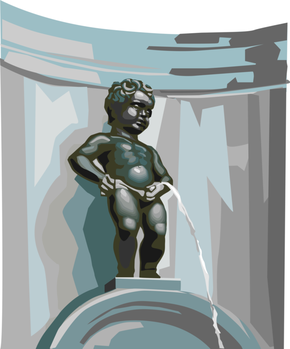 Vector Illustration of Manneken Pis, "Little man Pee" Urinates into Fountain, Brussels, Belgium