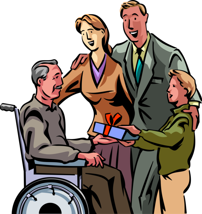 Vector Illustration of Retired Elderly Senior Citizen Grandfather in Wheelchair Receives Gift from Grandson Child