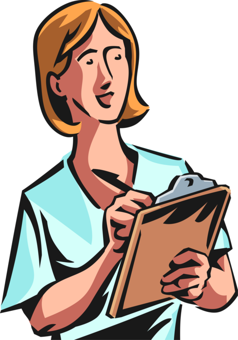 Vector Illustration of Businesswoman Writes with Pen Writing Instrument on Wooden Clipboard Portable Writing Surface