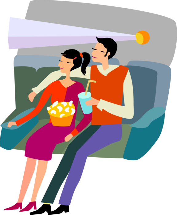 Vector Illustration of Date Night at Movie Theater Theatre with Romantic Sweethearts Enjoying Popcorn and Soda Soft Drink 