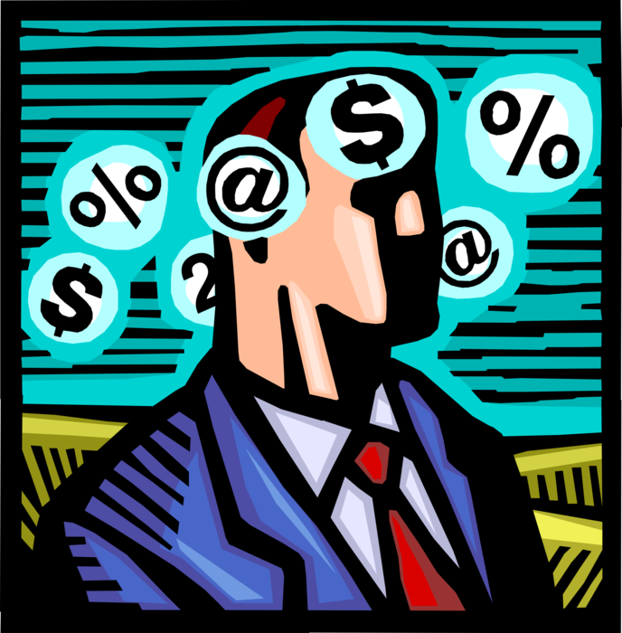 Vector Illustration of Businessman Contemplates Corporate Finance Profit Margins with Cash Money Dollars and Email @ Sign