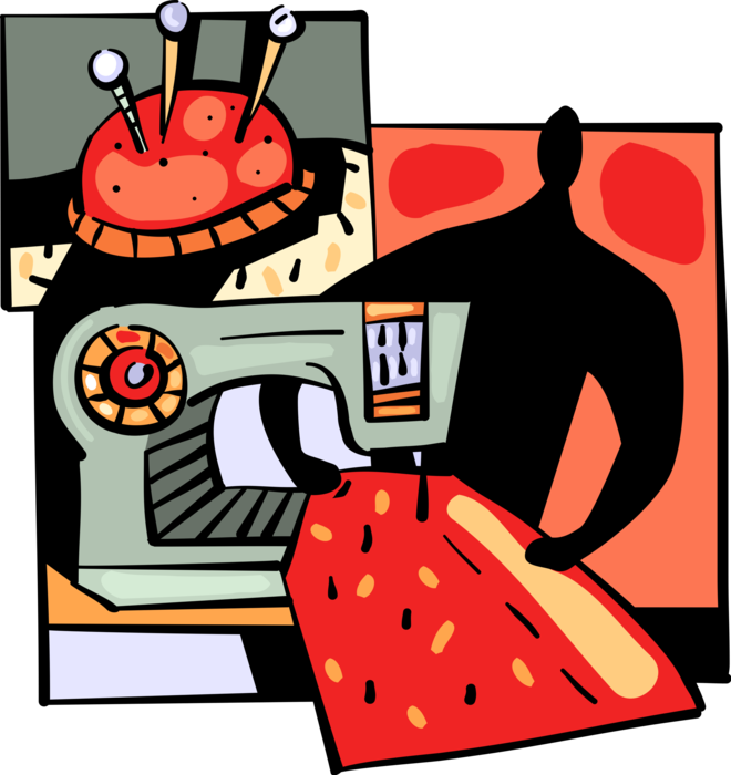 Vector Illustration of Fashion and Garment Industry Dressmaker Seamstress Sewing Garment Fabric with Sewing Machine