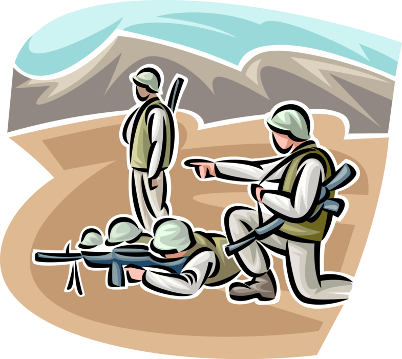 Vector Illustration of Heavily Armed United States Army Soldier Snipers and Spotters on Battlefield in War Zone