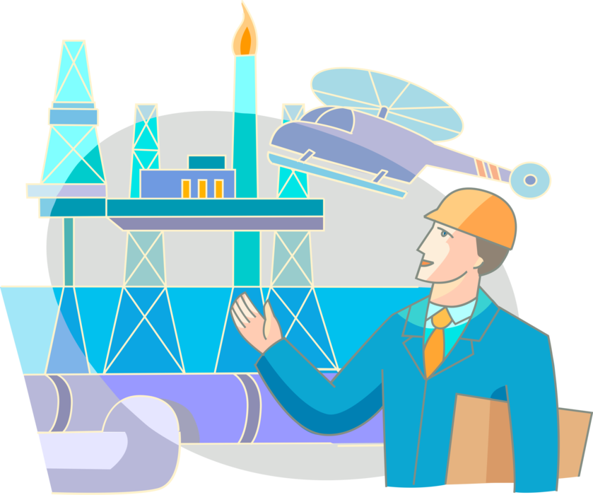 Vector Illustration of Petroleum Industry Engineer with Offshore Fossil Fuel Oil Rig Drilling Platform with Derrick and Cranes